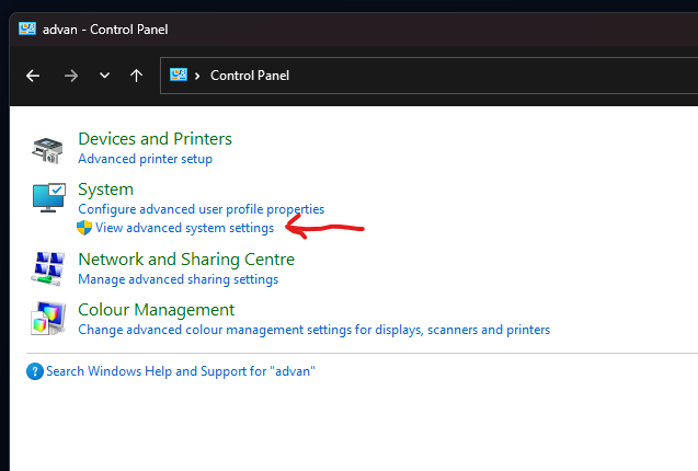 Control Panel with View advanced system settings highlighted