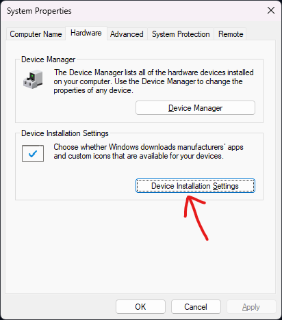 System Properties Hardware tab with the Device Installation Settings button highlighted