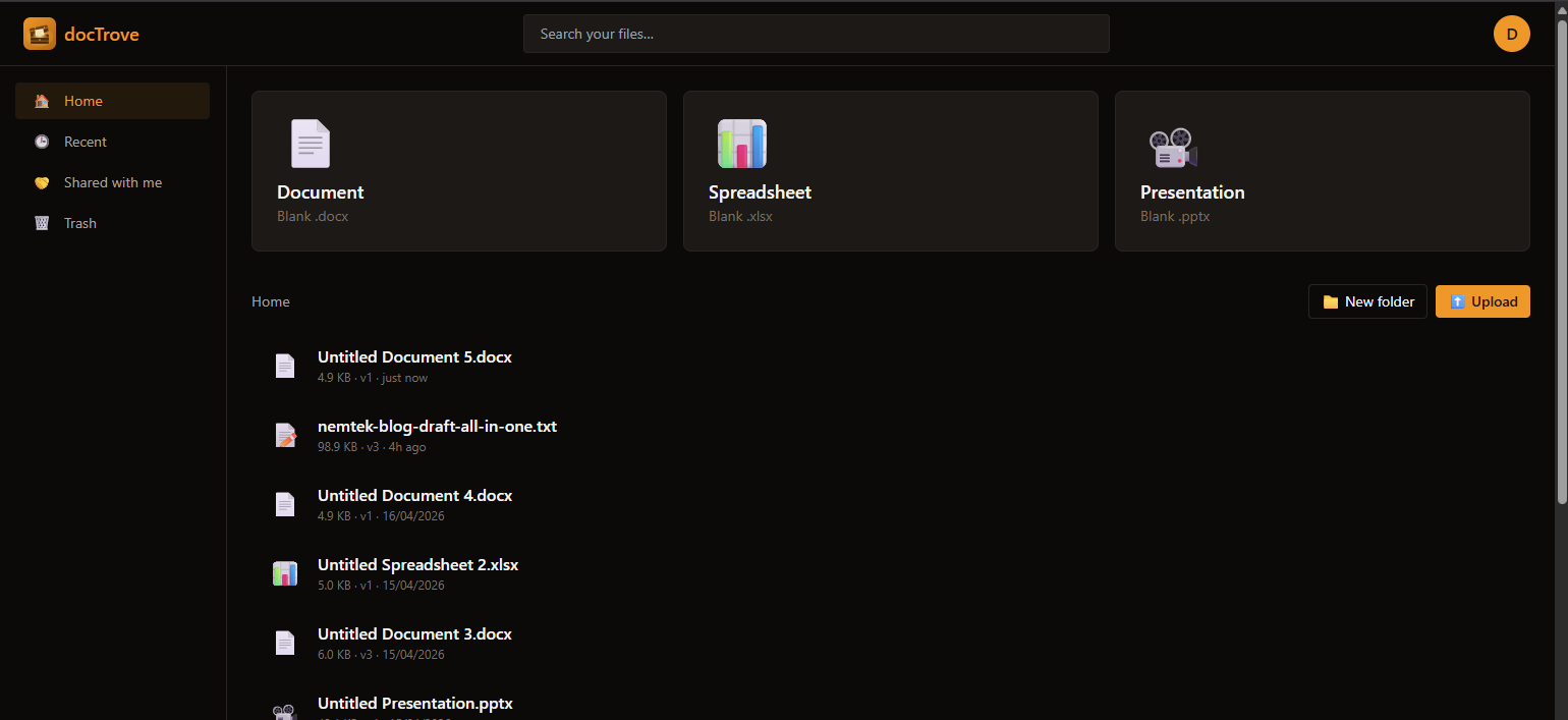 docTrove home view with file list